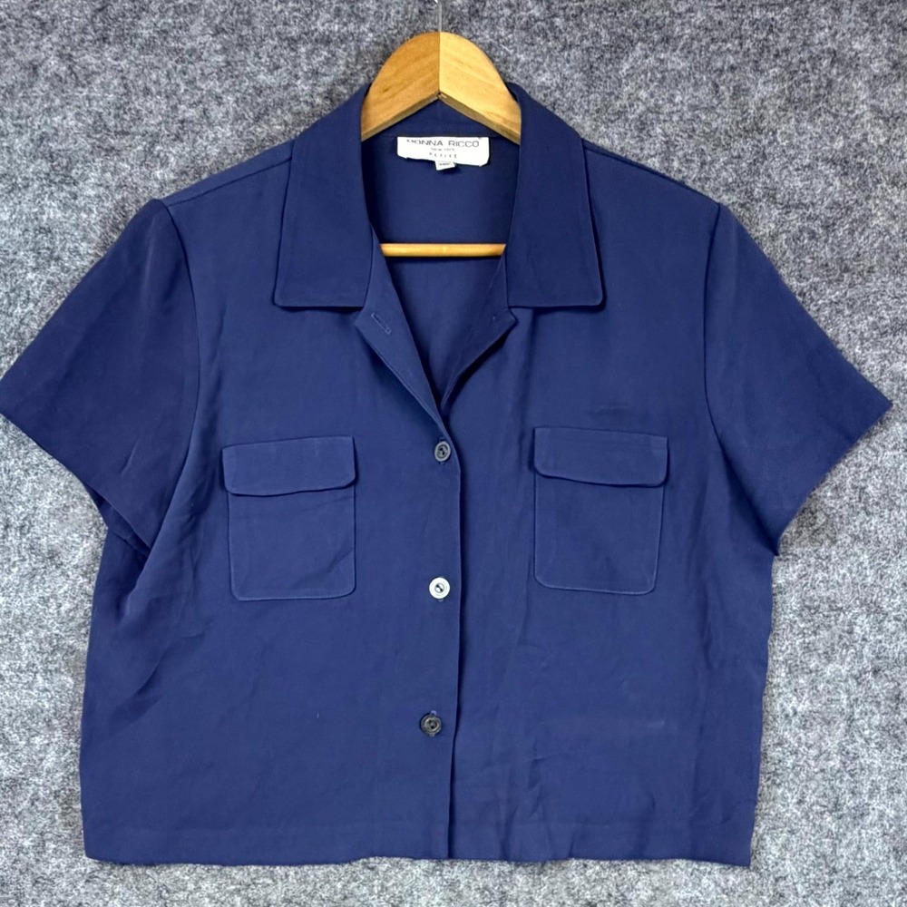 Vintage Donna Ricco Blouse Womens 14P Blue Short Sleeve Camp Collar Cropped